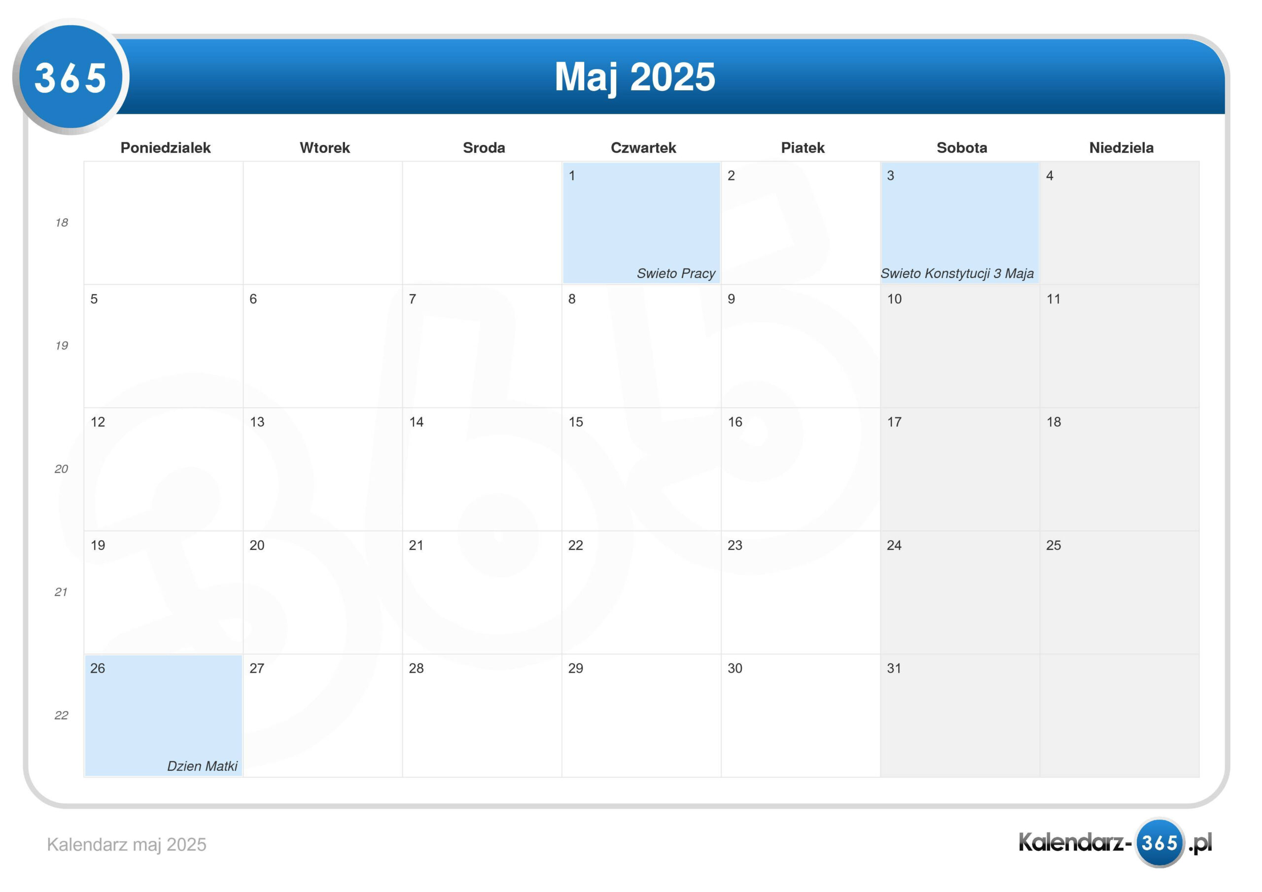 Kalendarz Maj 2025 | Kalendarz 2025 Maj