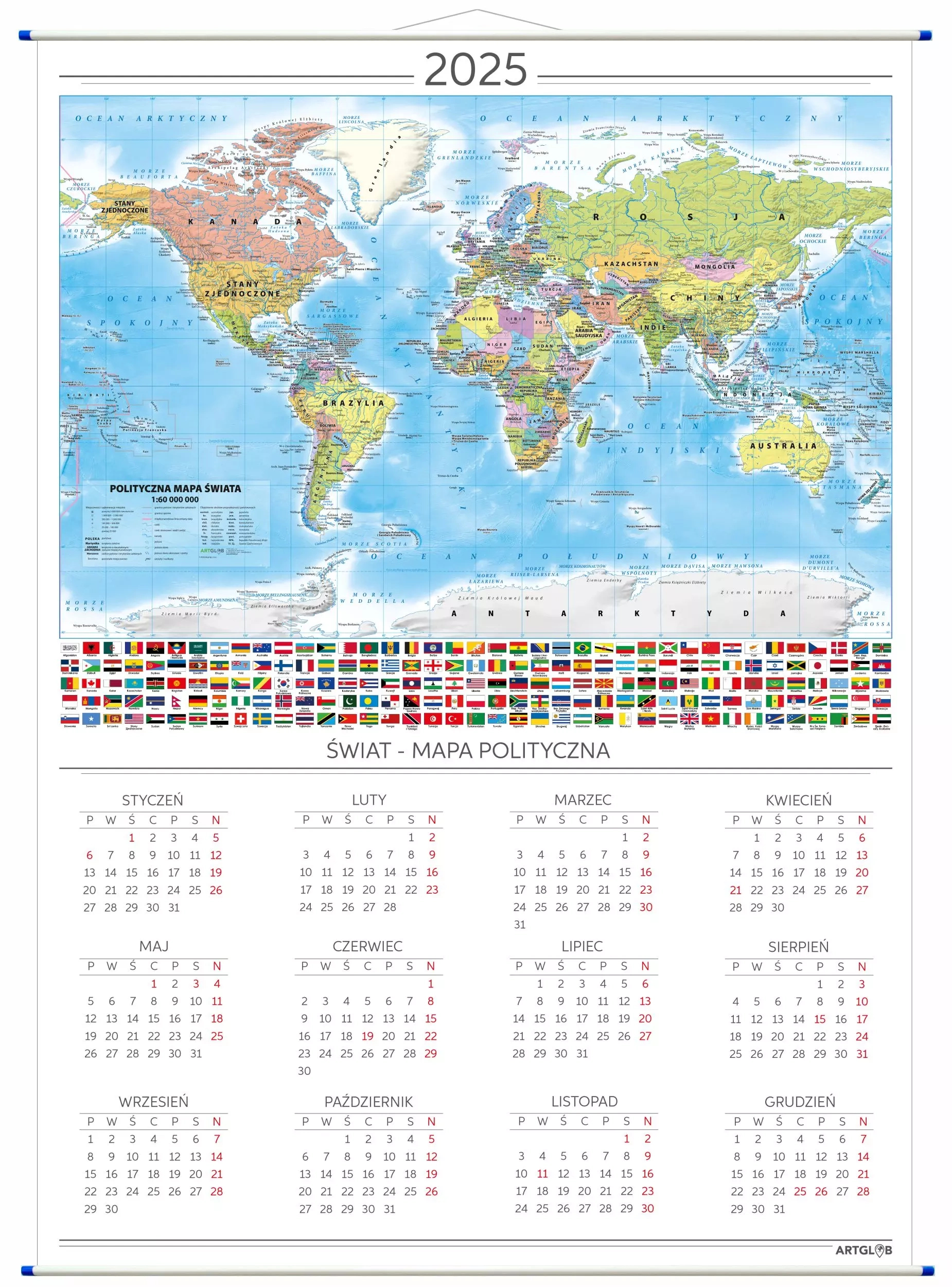 Kalendarz Na 2025 Z Mapą Świat Polityczny, 70X100 Cm | Kalendarz 2025 Świat