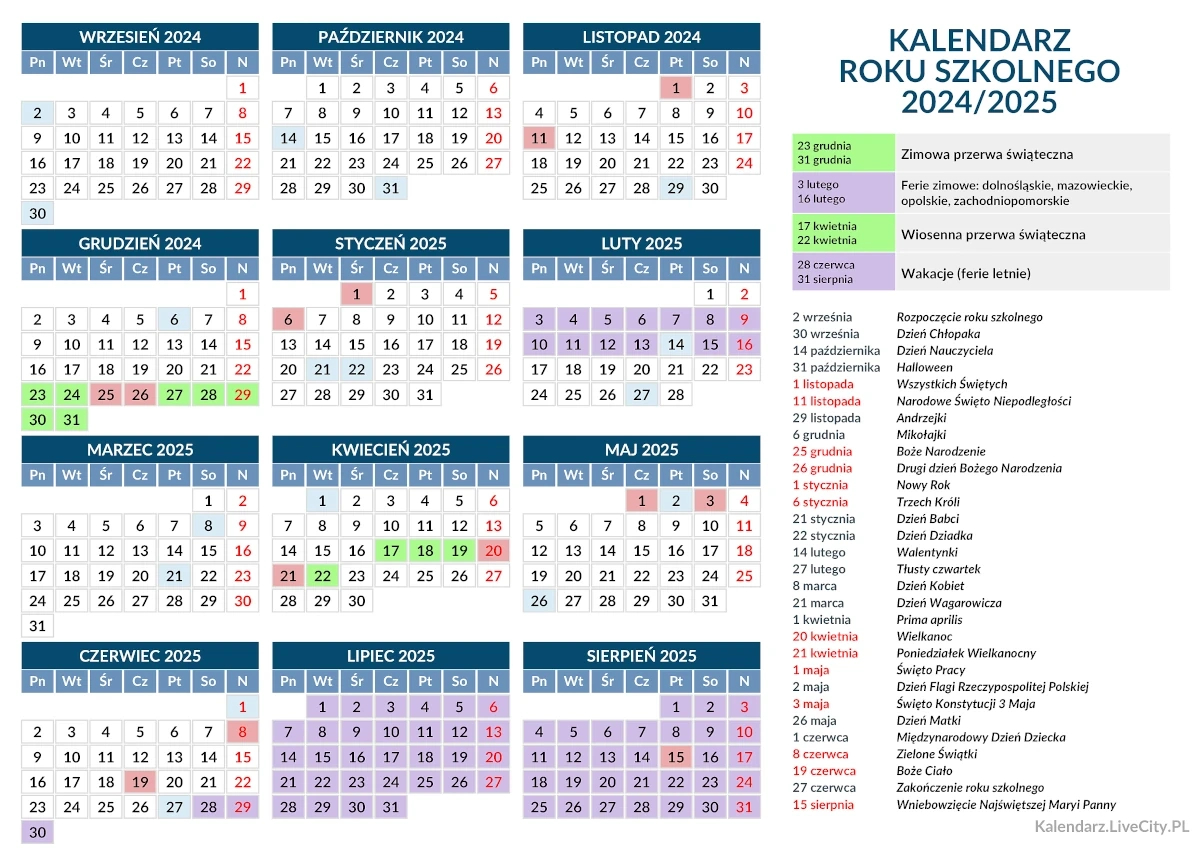 Kalendarz Szkolny 2024/2025 Do Druku | Kalendarz Szkolny 2025 26