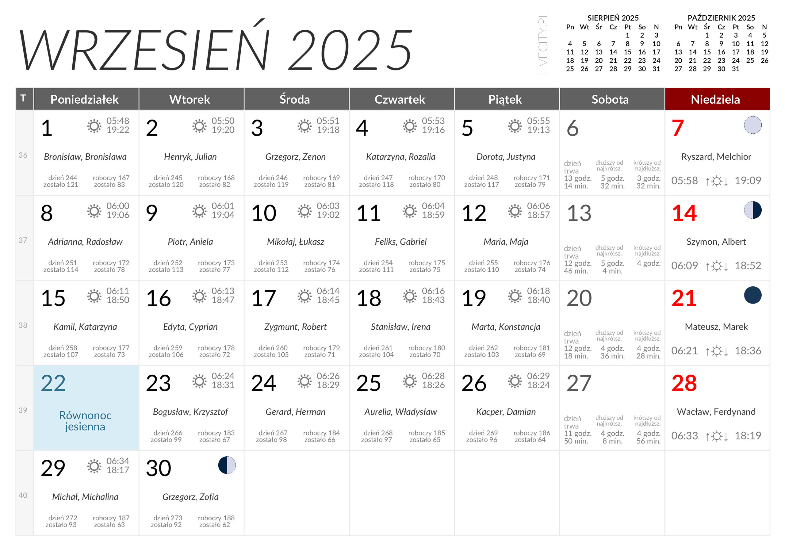 Kalendarz Wrzesień 2025 - Kalendarz Września | Kalendarz Wrzesień 2025