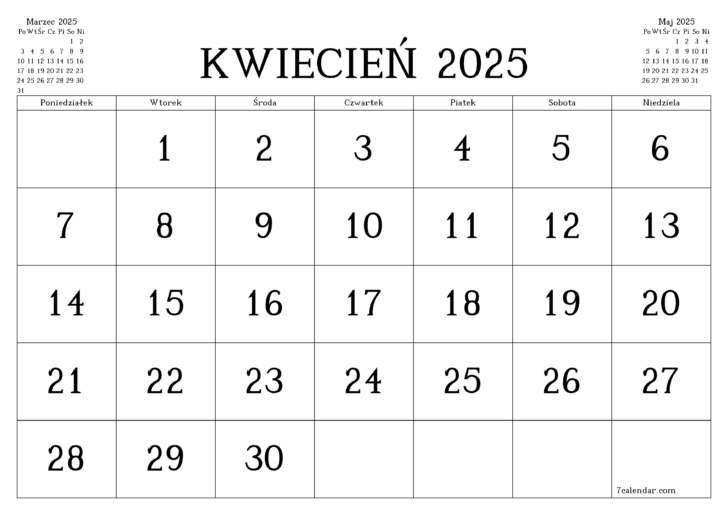 Kalendarz Kwiecien 2025