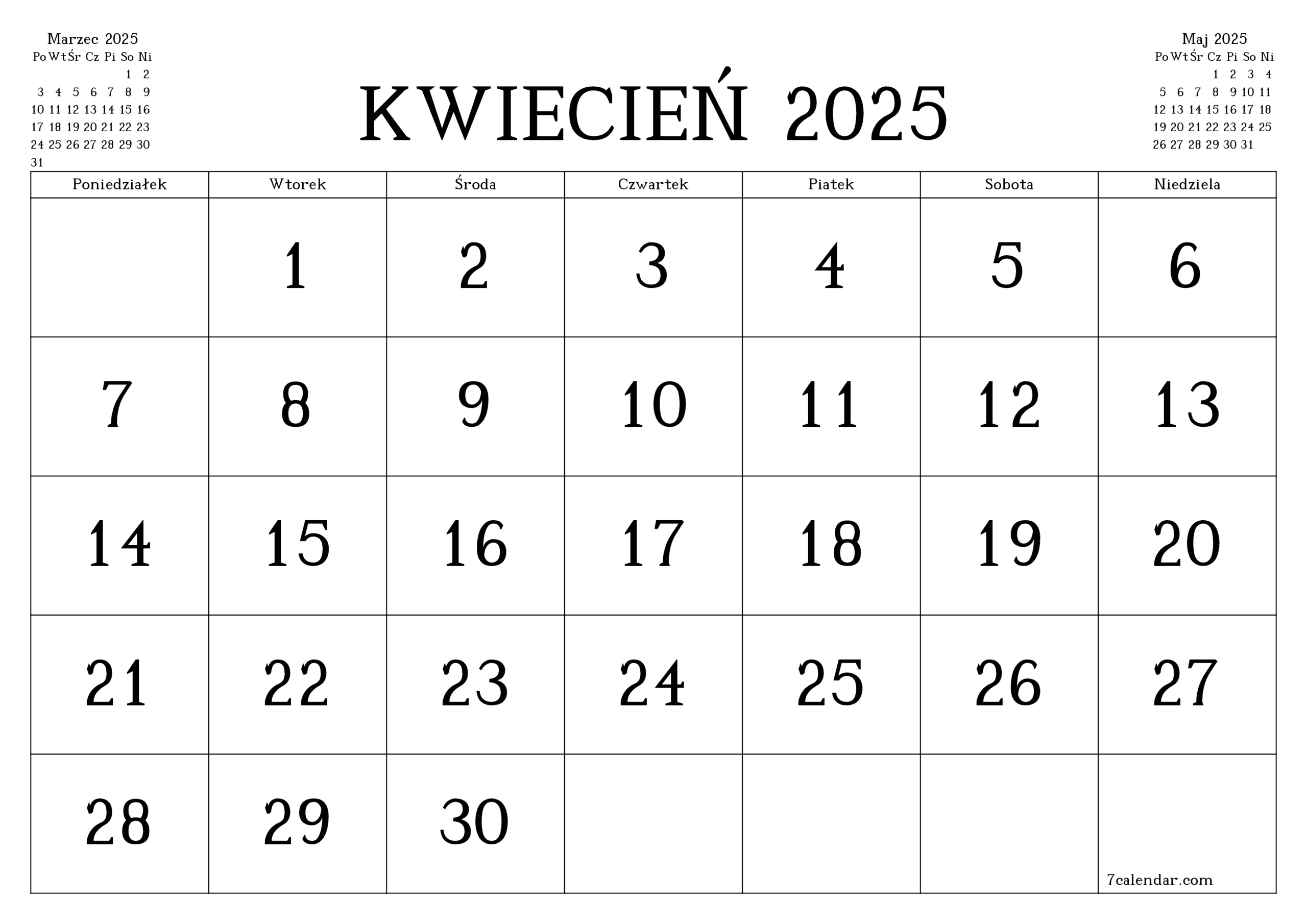 Kalendarze I Planery Do Druku Kwiecień 2025 A4, A3 Do Pdf I Png | Kalendarz Kwiecien 2025