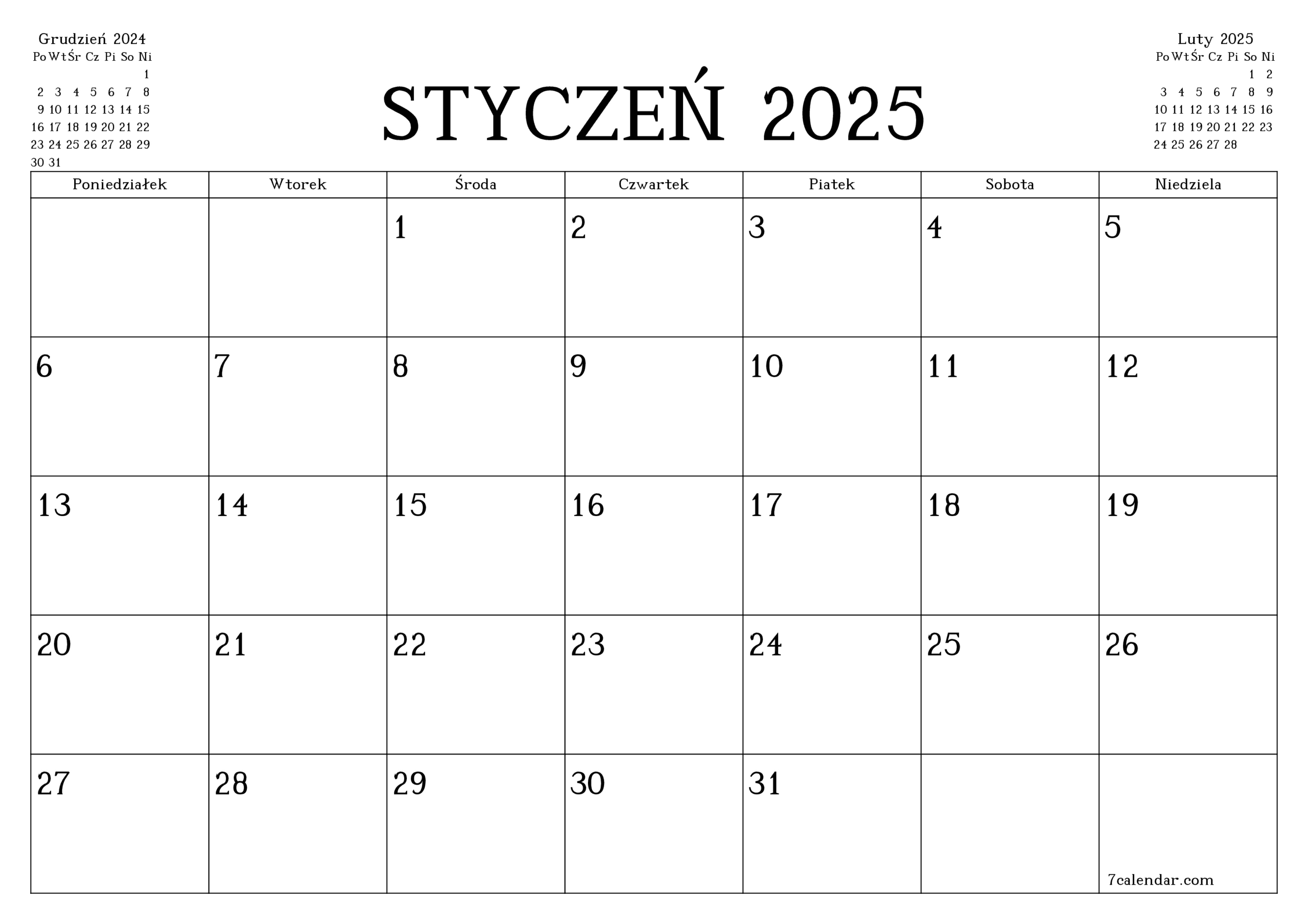 Kalendarze I Planery Do Druku Na Styczeń 2025 A4, A3 Do Pdf I Png | Kalendarz Styczniowy 2025 Do Druku