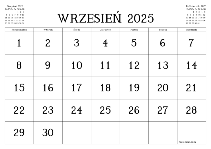 Kalendarz Wrzesień 2025