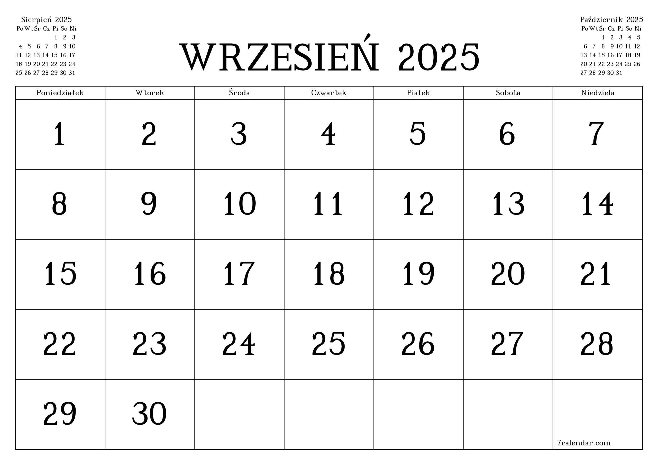 Kalendarze I Planery Do Druku Wrzesień 2025 A4, A3 Do Pdf I Png | Kalendarz Wrzesień 2025