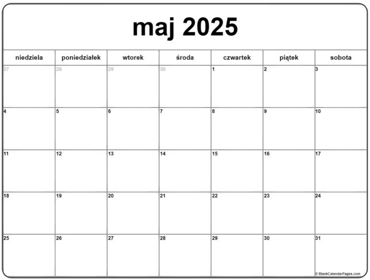 Kalendarz 2025 Maj