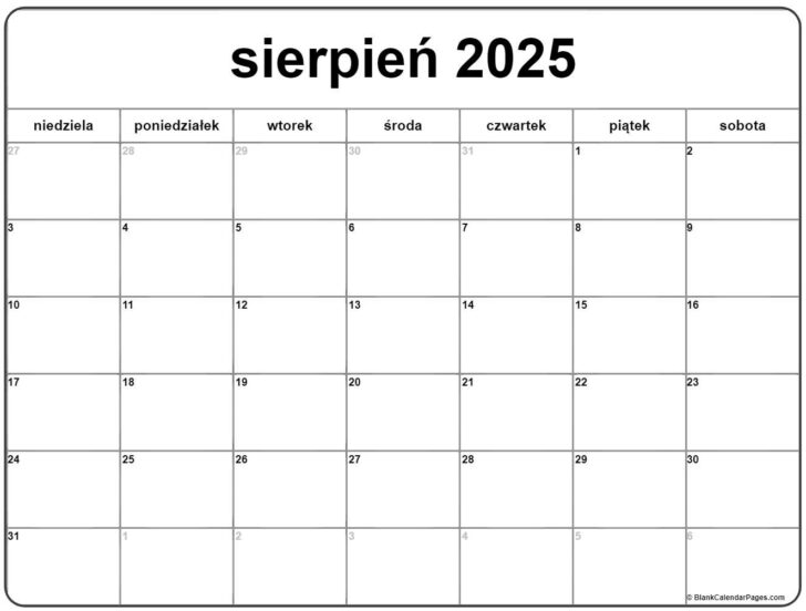 Kalendarz Sierpień 2025