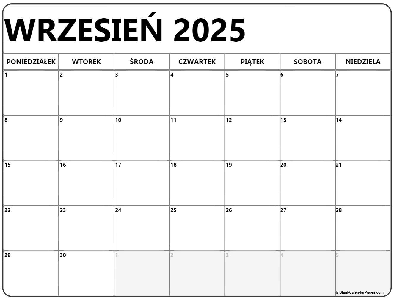 Wrzesień 2025 Bezpłatny Kalendarz Do Druku | Kalendarz Wrzesień | Kalendarz Wrzesień 2025