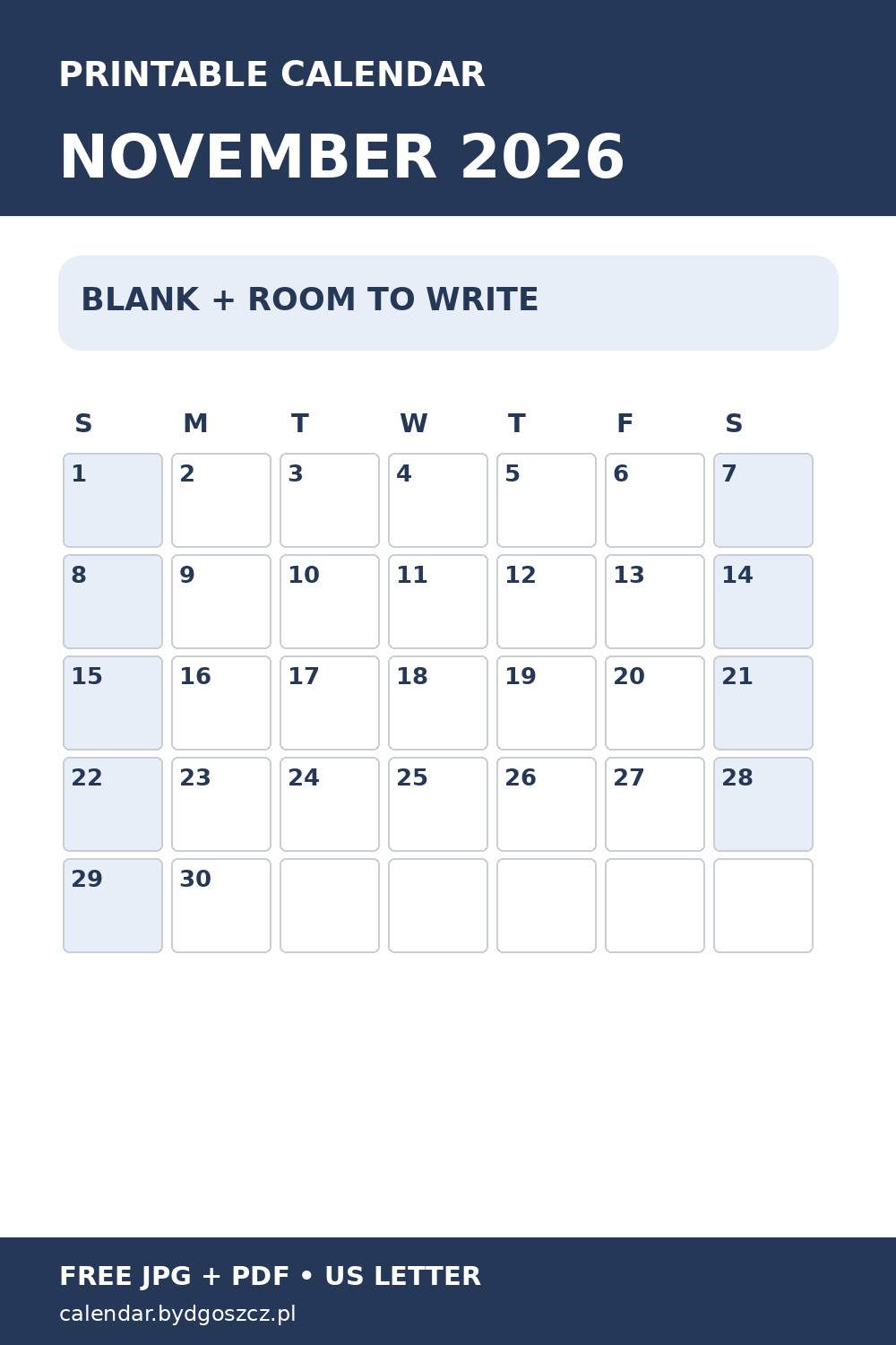 Blank November 2026 calendar printable with large date boxes, vertical Pinterest preview
