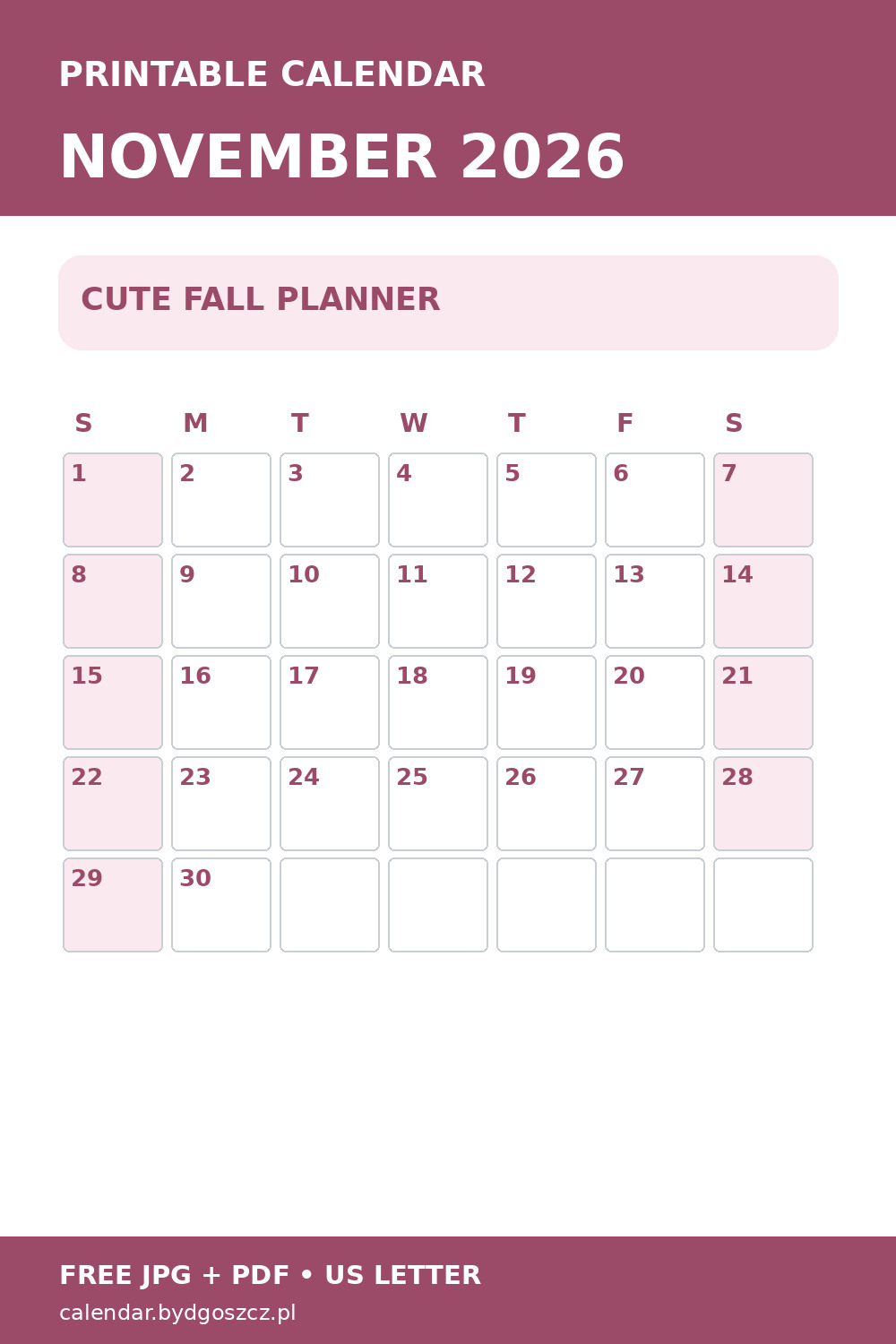 Cute November 2026 calendar in soft fall colors, vertical Pinterest preview