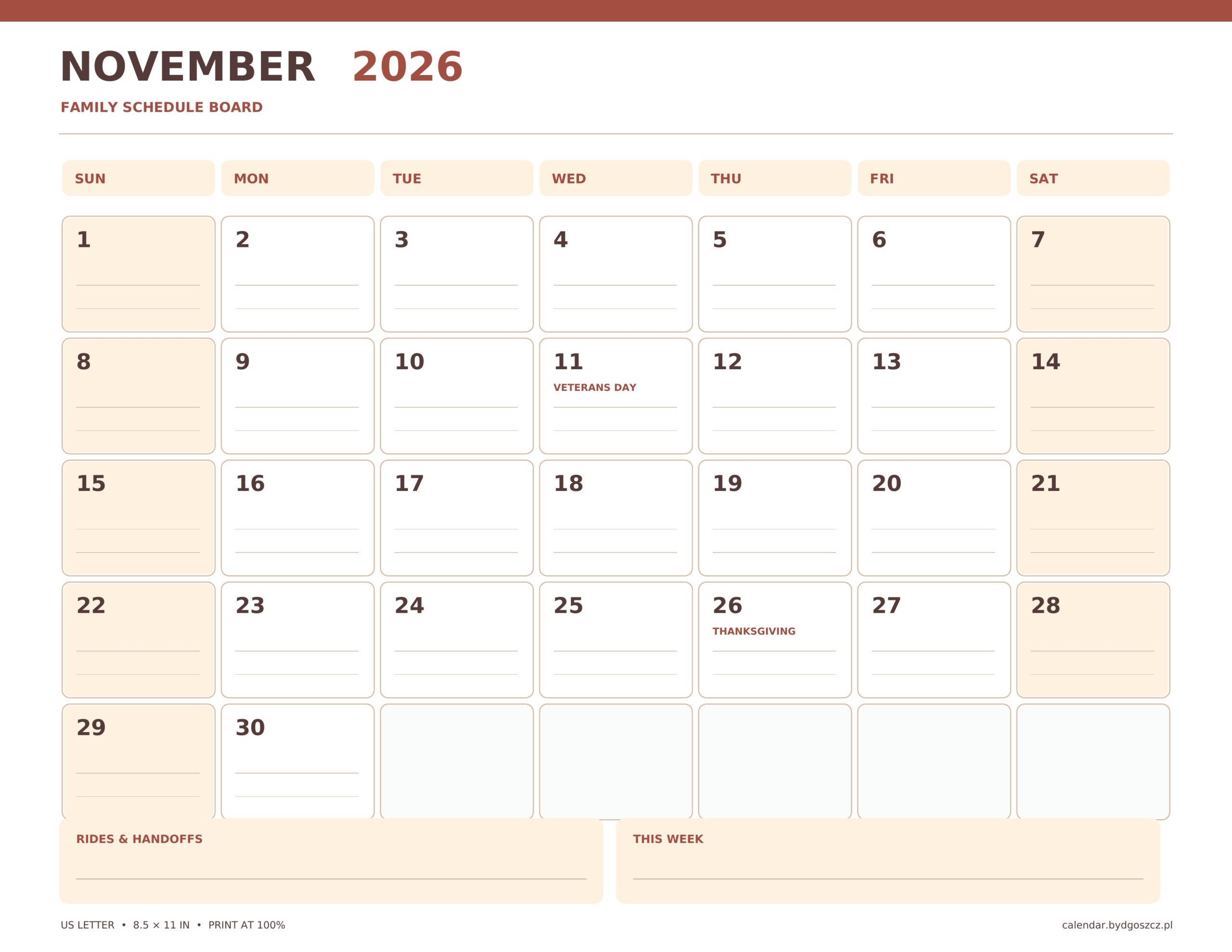 November 2026 calendar printable, family schedule board, with correctly dated grid