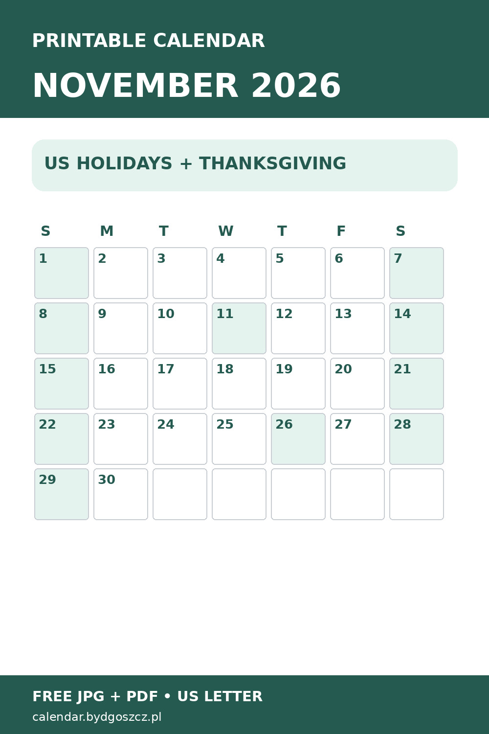 November 2026 calendar with Veterans Day and Thanksgiving, vertical Pinterest image