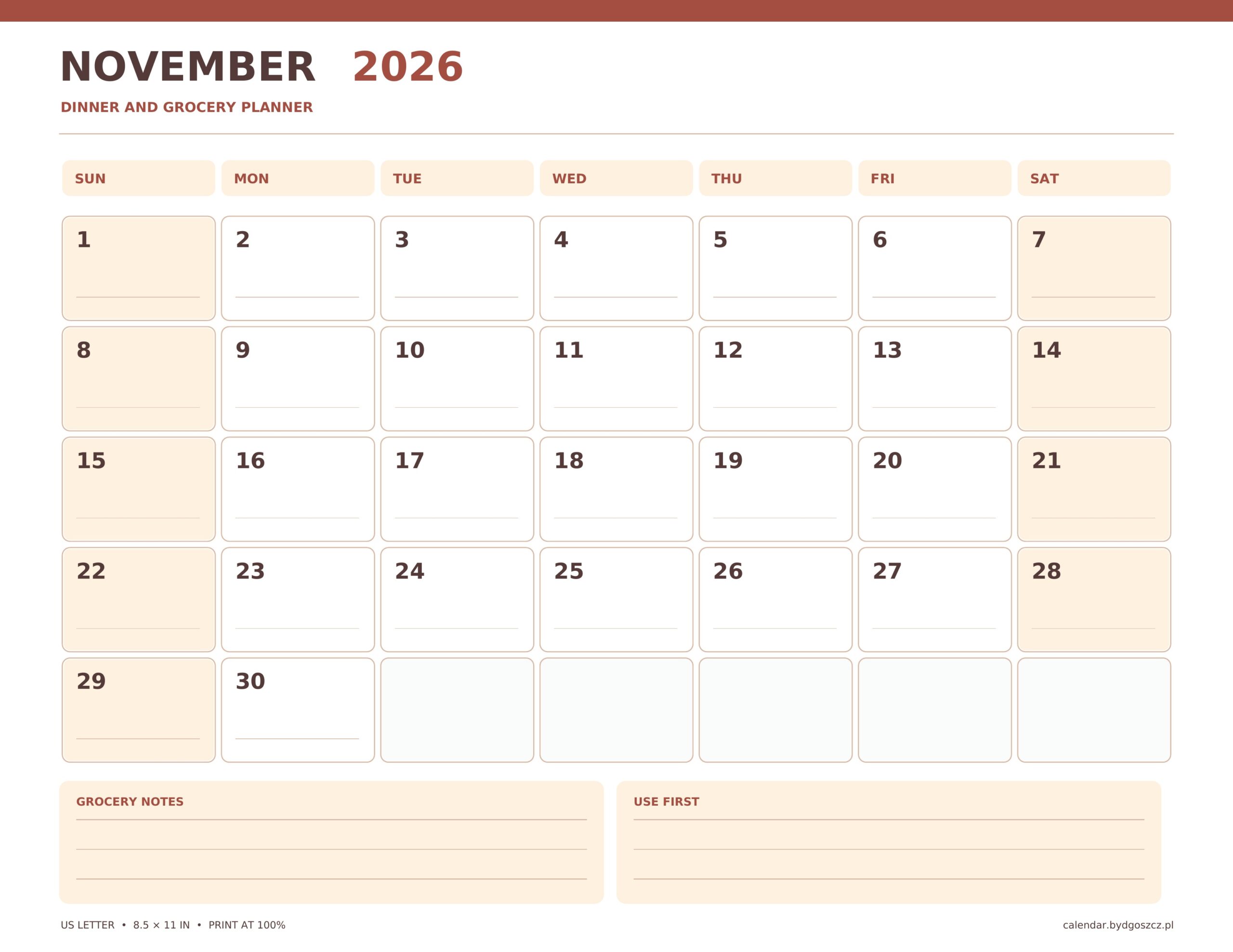 November 2026 calendar printable, dinner and grocery planner, with correctly dated grid