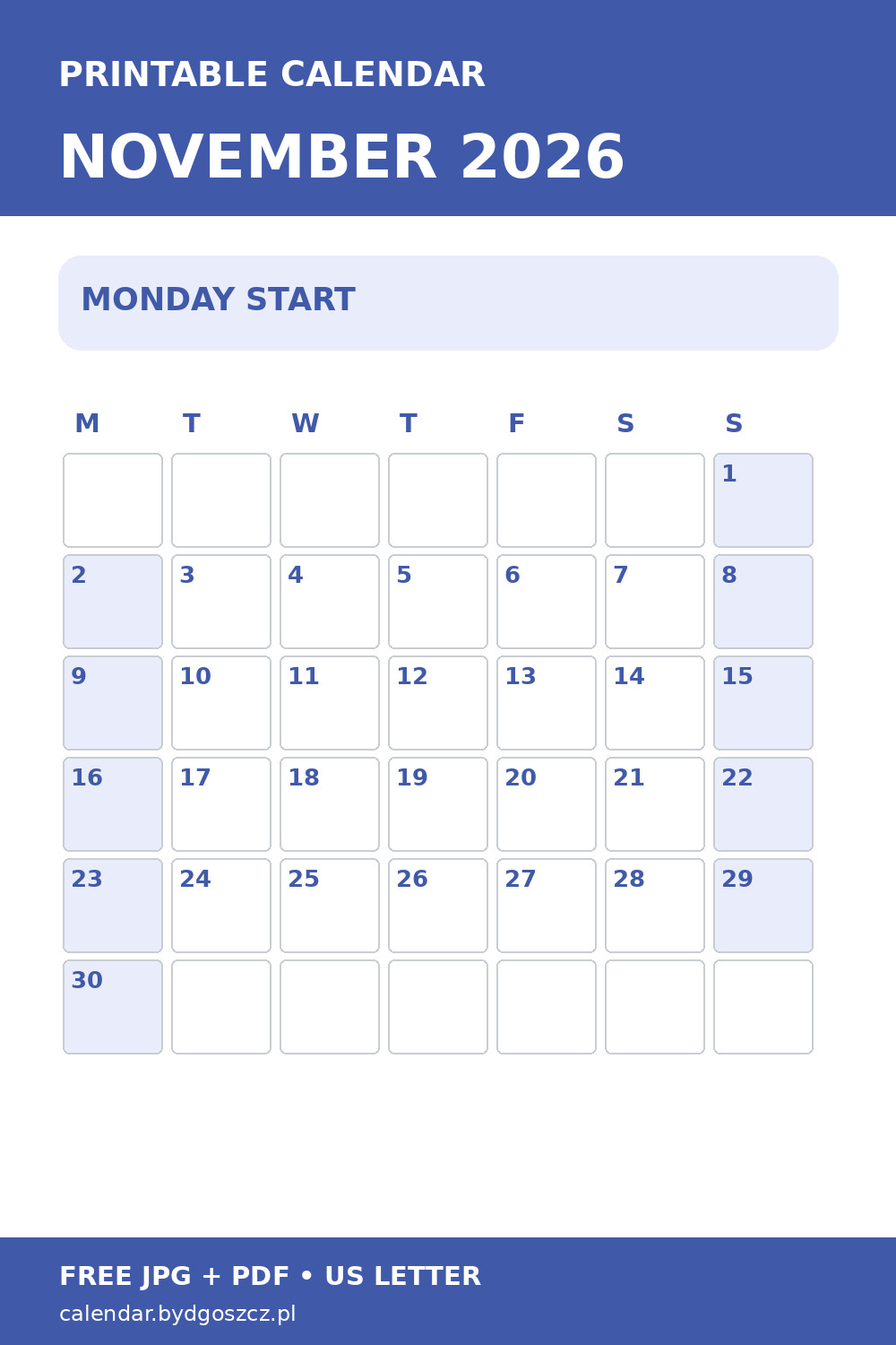 November 2026 Monday-start calendar with Monday-to-Sunday grid, vertical Pinterest image