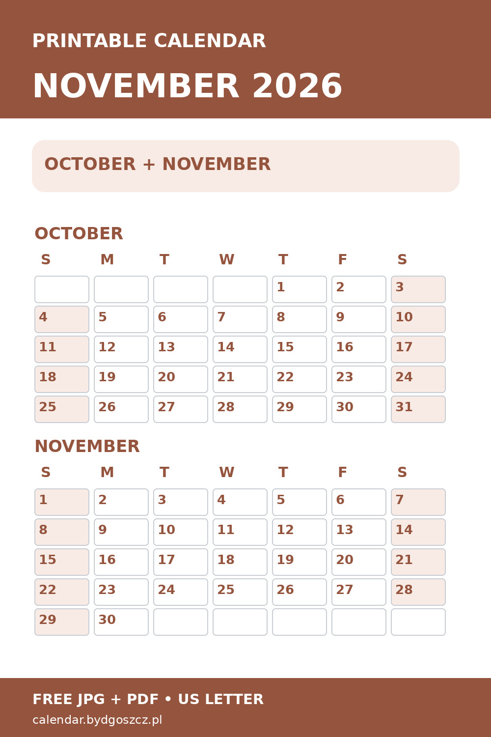 October and November 2026 two-month calendar, vertical Pinterest preview