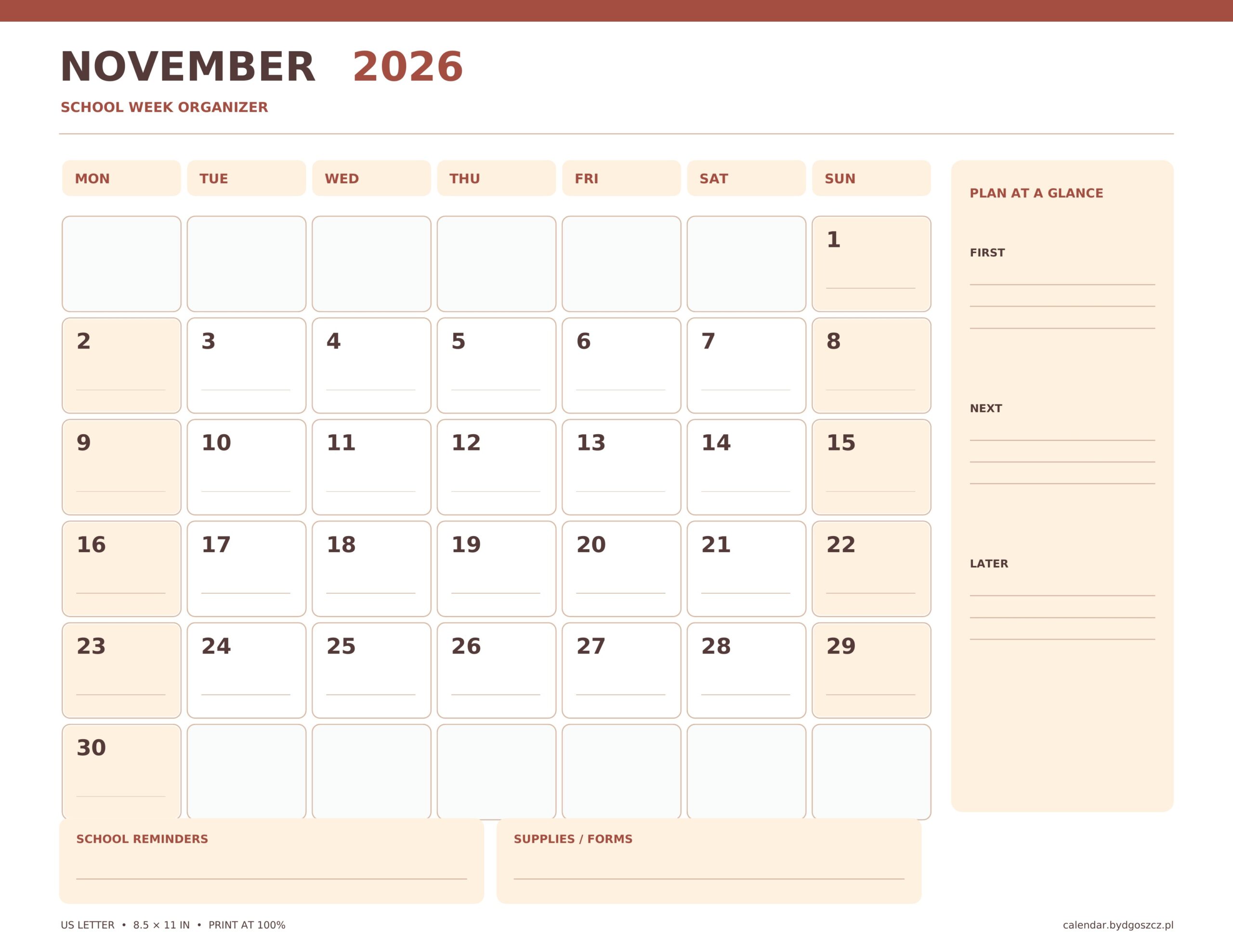 November 2026 calendar printable, school week organizer, with correctly dated grid